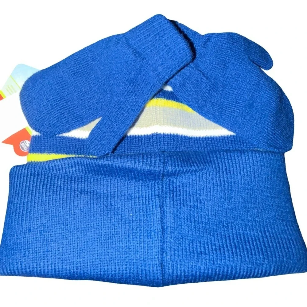 NWT Kids Paw Patrol 2 Piece Winter Hat and Mitten Set Blue Yellow Stripe 2-3 yr